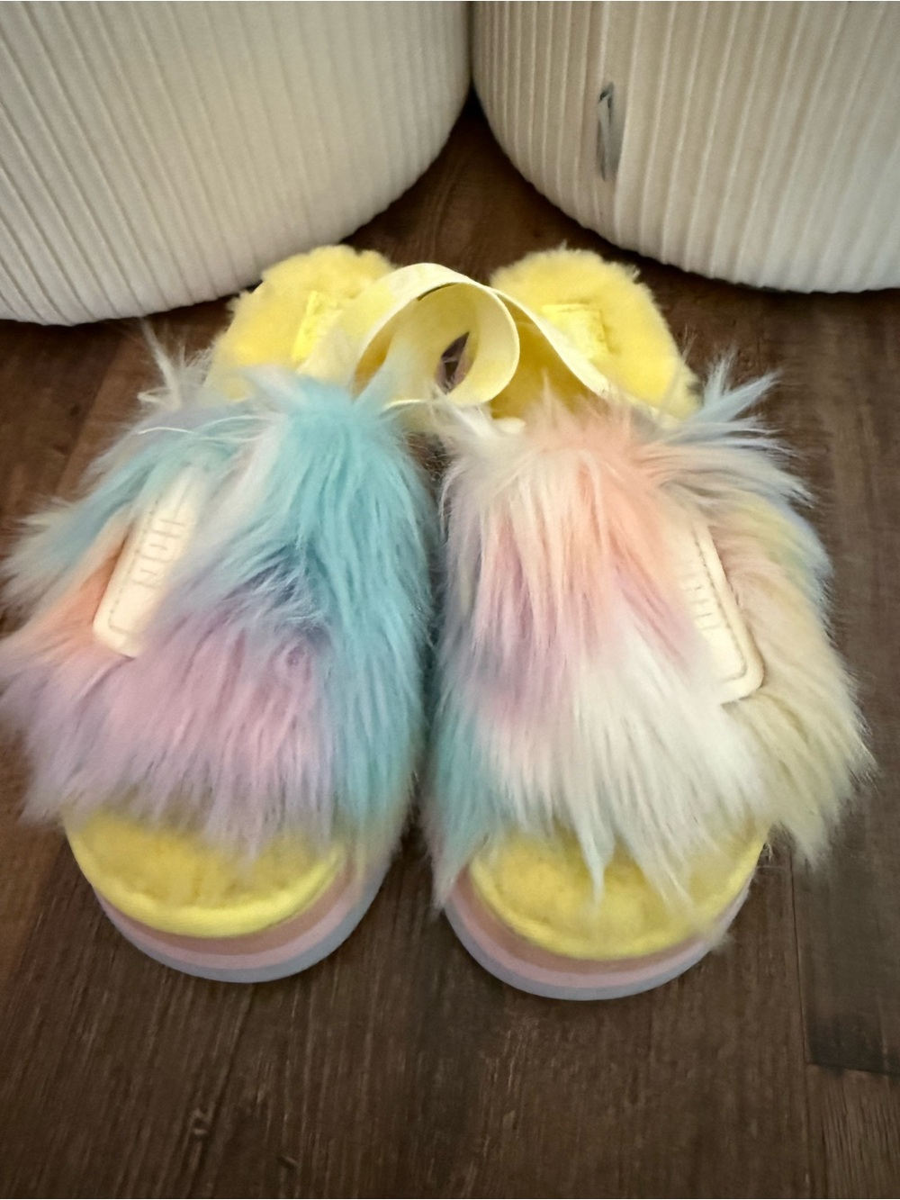 UGG Pastel Rainbow Faux Fur Slide Sandals - Yellow Footbed